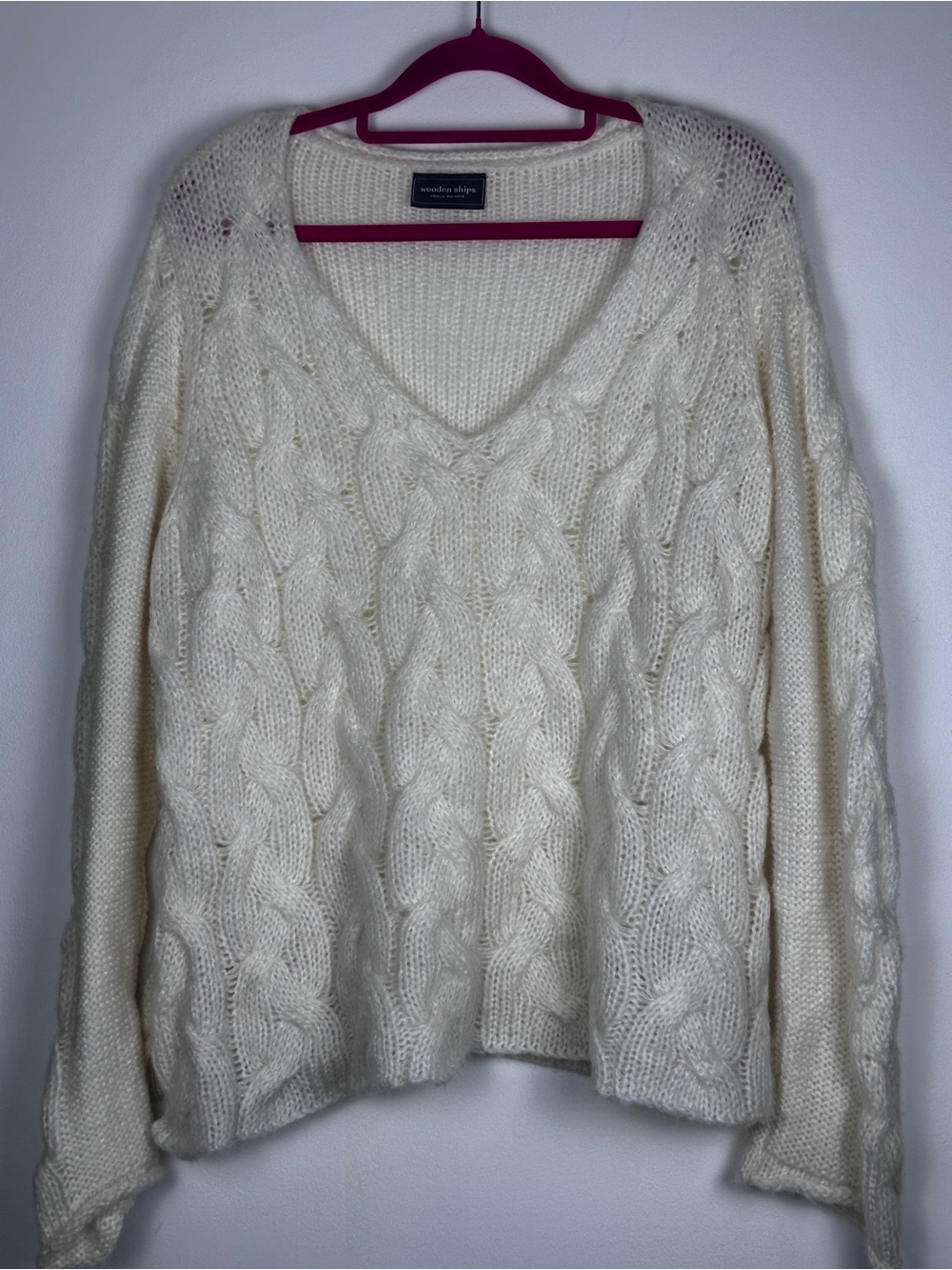 Wooden Ships Cream Distressed Cable Knit V-Neck Sweater S/M